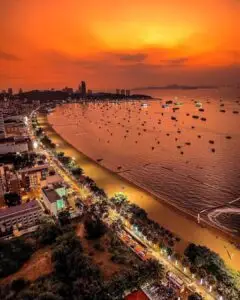 pattaya beach at sunset, seen from the skybar summer club
