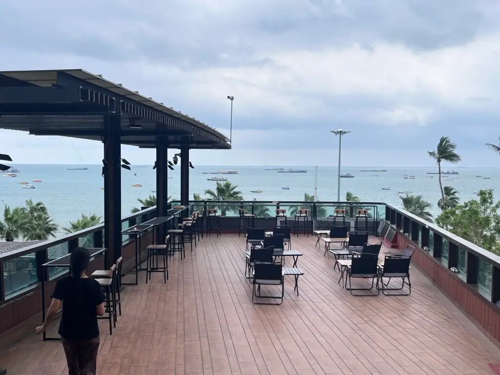 Sloths Cafe terrace on an overcast day