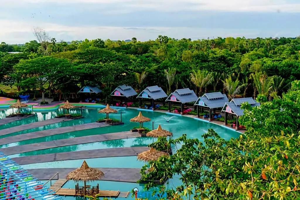 la la lake from above the outside huts are secluded and romantic dining spots
