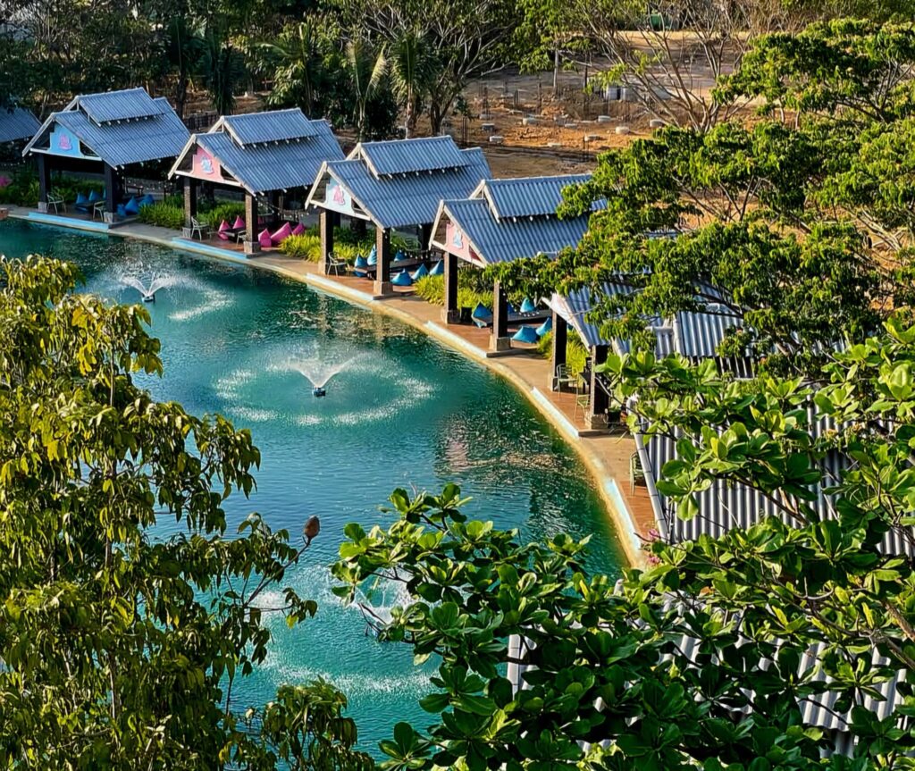 drone view of outside dining at la la lake, really romantic setting in pattaya