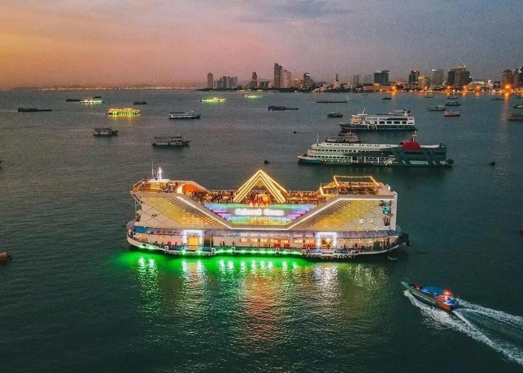 evening dinner cruise ship lit up at night, a romantic activity in pattaya