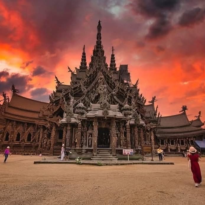 a reddish sunset behind the sanctuary of truth